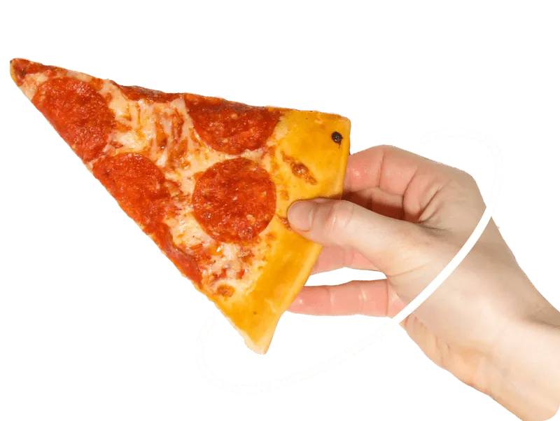 Hand holding pizza slice